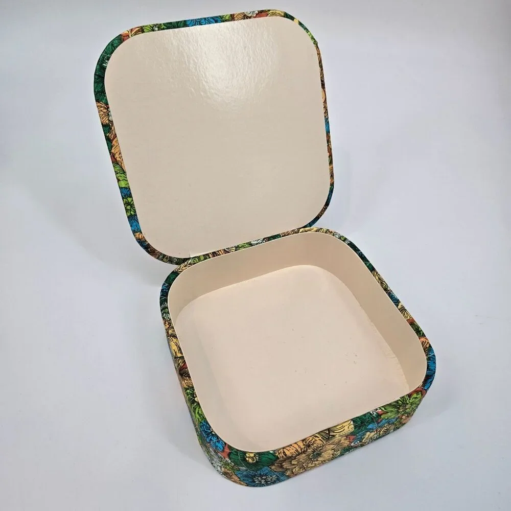Vintage Quilted Floral Print Fabric Covered Box with Lid Square Rounded Corners